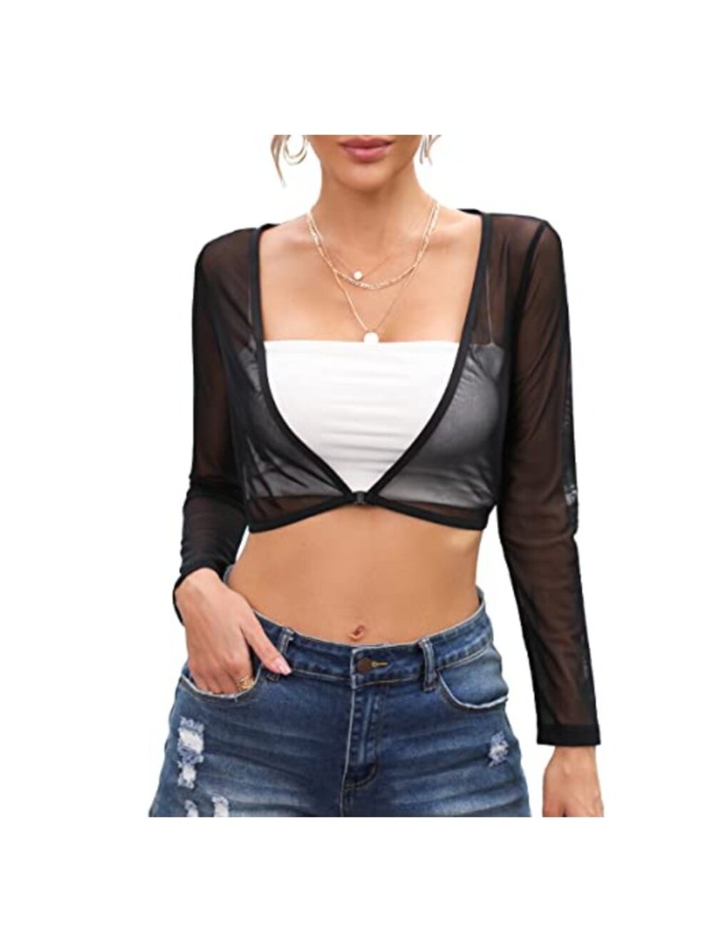 Women's Long Sleeve Crop Top Lace Shrug Cardigan Lightweight Cover Up